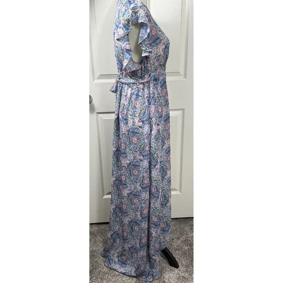 Ella Moss Maxi Dress Floral Print V Neck‎ Tie Waist Casual Blue Size L - Picture 2 of 8